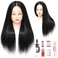 Mannequin Head With 60% Real Long Hair Hairdresser Practice Styling Training Head Manikin Training Head Cosmetology Doll Head Synthetic Fiber Hair and Free Clamp Holder (26inch Makeup, 1B#)