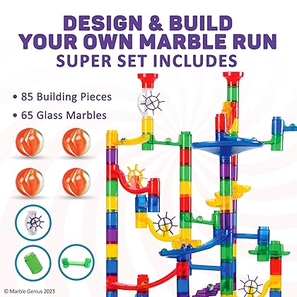 Marble Genius Marble Run - Maze Track Easter Toys for Adults, Teens, Toddlers, or Kids Aged 4-8 Years Old, 150 Complete Pieces (85 Translucent Marbulous Pieces + 65 Glass-Marble Set), Super Set