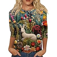 Easter Egg Womens 3/4 Sleeve Tops Funny Bunny Floral Graphic Embroidered Blouses 2024 Ladies Crew Neck Tee Shirts