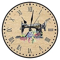 Floral Sewing Machine Wood Wall Clocks Sewing Room Numeral Clocks 12inch Antique Silent Non-Ticking Battery Operated Wood Print Round Wall Clock for Home Office Craft Room Decor Living Room