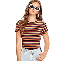 Milumia Women's Casual Multi Striped Ribbed Short Sleeve Solid Tee Knit Top