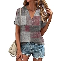 Womens Tops Checkered Pattern Women's Short Sleeved T-Shirt Summer Button V-Neck Top Loose T-Shirt Top