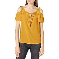 Star Vixen Women's Petite Cold Shoulder Tie Neck Keyhole Peasant Top