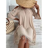 Summer Dresses for Women 2022 Contrast Guipure Lace Cold Shoulder Dress Dresses for Women (Color : Beige, Size : Small)