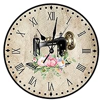Flower Sewing Machine Wood Wall Clocks She Shed Sewing Hanging Wall Clock 15inch Vintage Silent Non-Ticking Battery Operated Printed Numeral Clocks for Living Room Craft Room Decor Or Dining Room