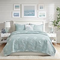 Harbor House Seaside Reversible Cotton Quilt Set Coastal Clam, Starfish, Coral Embroidery, All Season, Pre-Washed Coverlet Bedding Layer, Decorative Pillow, Full/Queen(90
