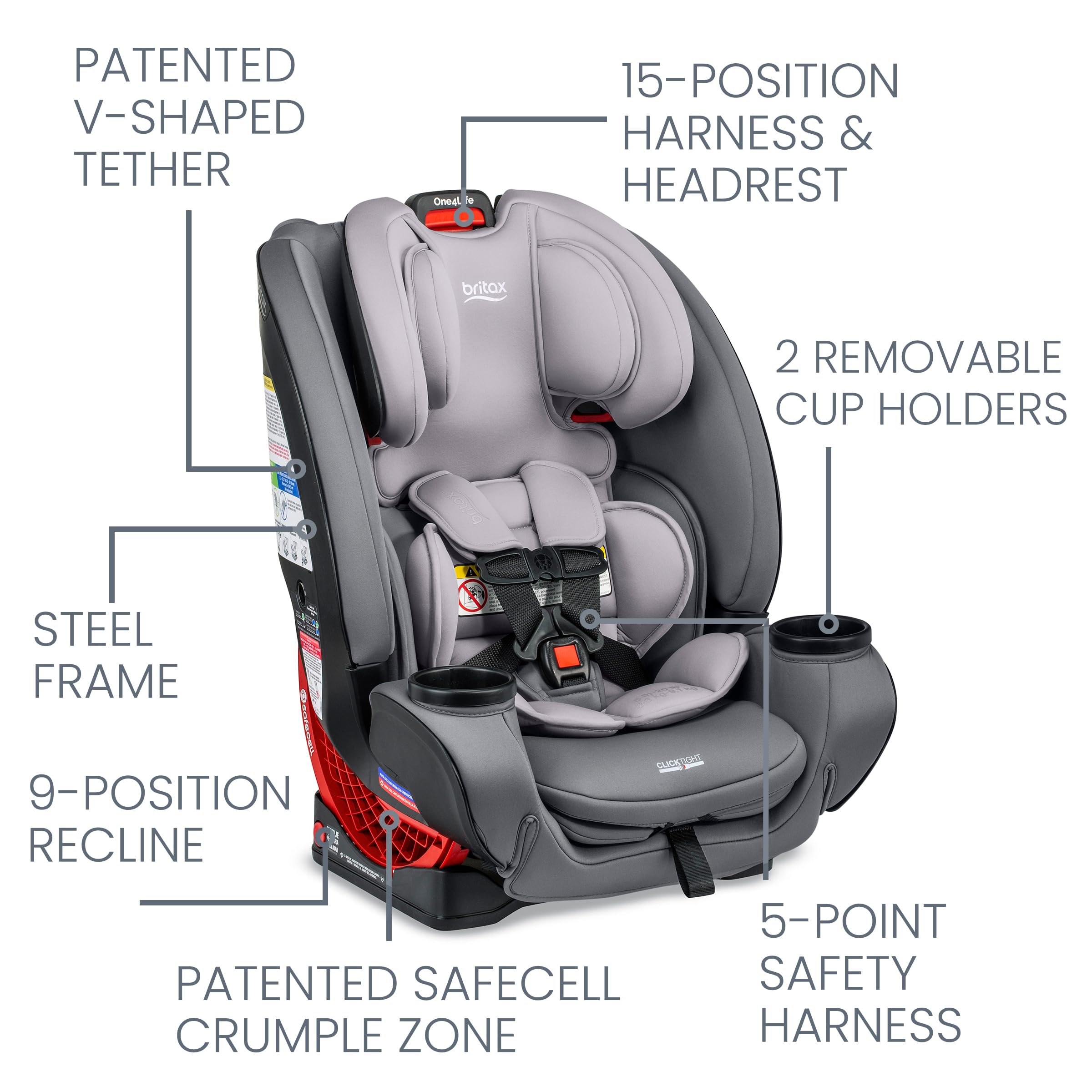 Britax One4Life Convertible Car Seat, 10 Years of Use from 5 to 120 Pounds, Converts from Rear-Facing Infant Car Seat to Forward-Facing Booster Seat, Machine-Washable Fabric, Glacier Graphite