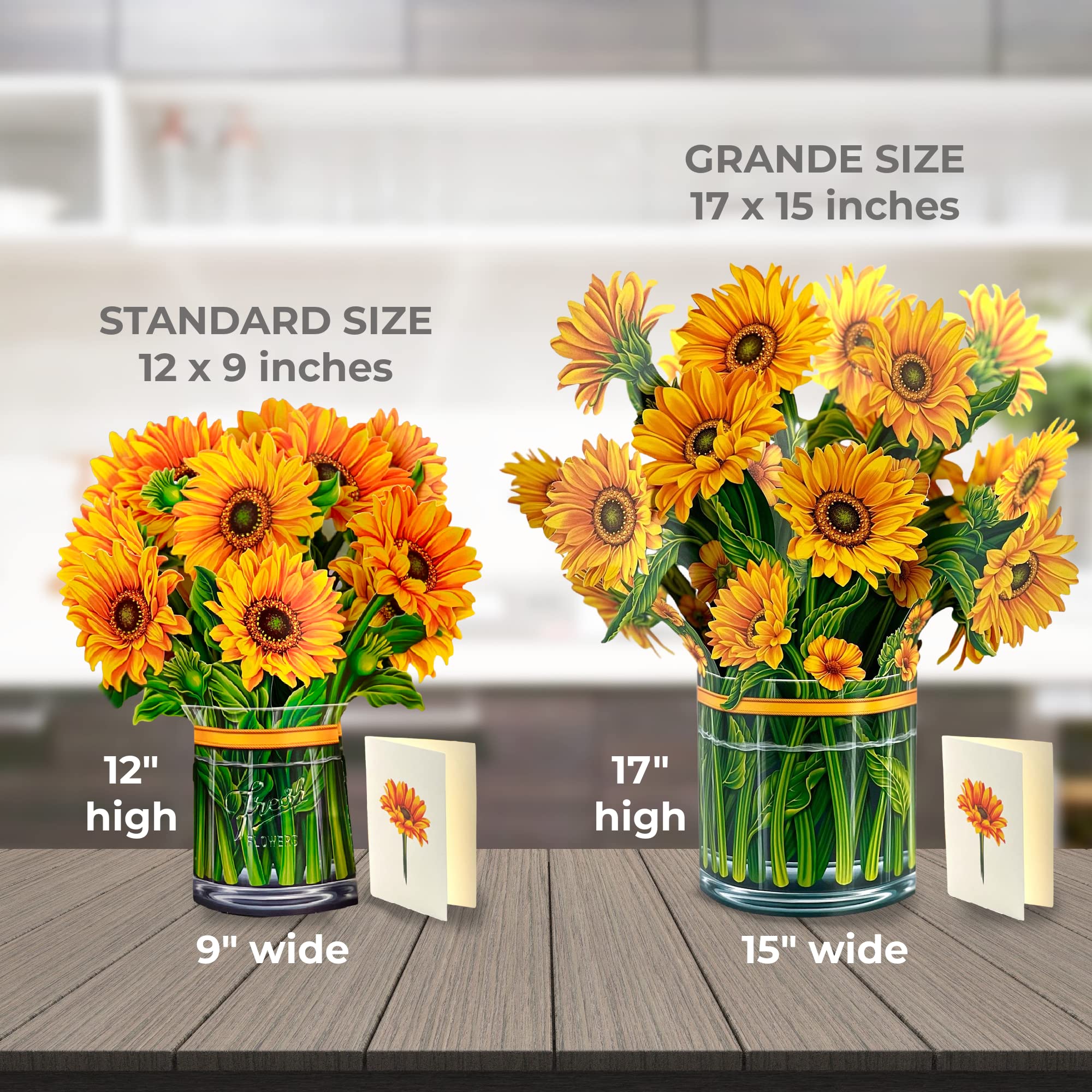 Freshcut Paper Pop Up Cards, Sunflower Grande, 18 inch Life Sized Forever Flower Bouquet 3D Popup Greeting Cards with Note Card and Envelope - Sunflowers