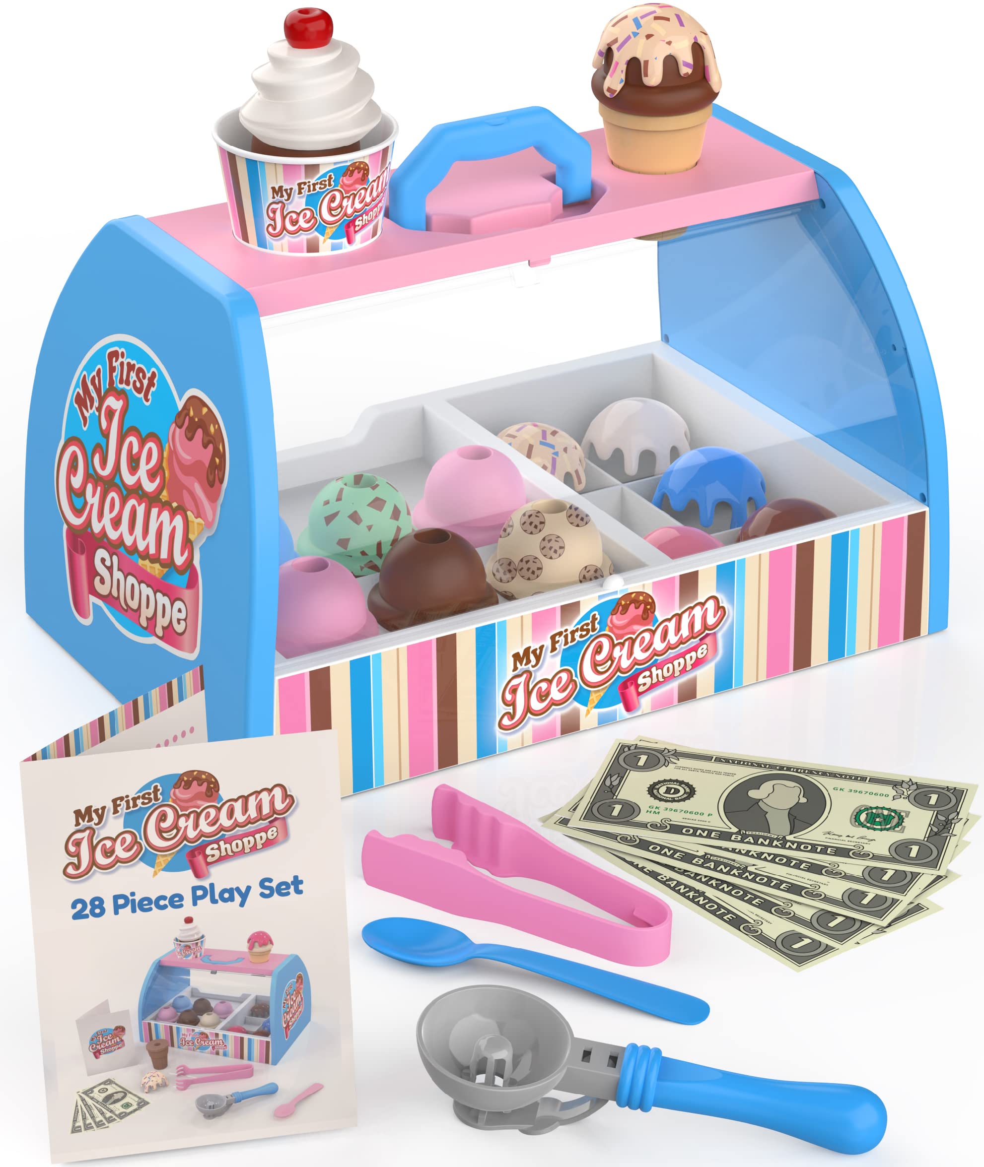 Ice Cream Counter Playset for Kids, Pretend Play (28 pcs) Best Gift for 3 4 5 6 Year Old Girl or Boy, Play Food Scoop and Serve, Toddler Toy