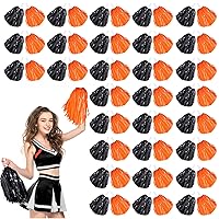 60 Pcs Cheerleading Pom Poms Cheer Pom Poms Fun Pom Poms Metallic Foil Pom Poms Cheerleading Poms with Plastic Handles for Cheering Squad Team Spirited Sports Dance Kids Girls (Black, Orange)