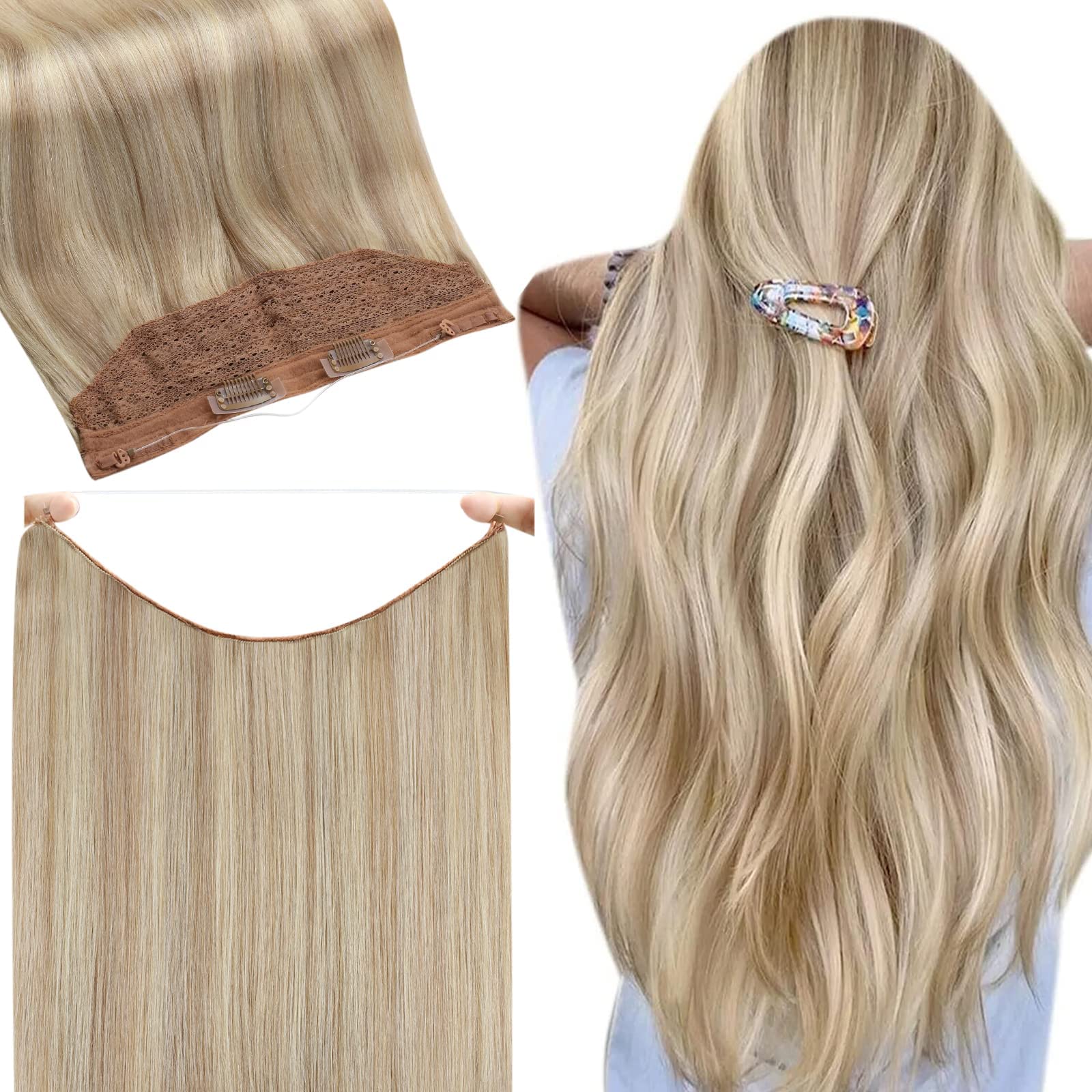 Fshine Invisible Wire Hair Extensions Secret Hairpieces Fish Wire Layered Hair Extensions Human Hair Ash Blonde 18 Highlight Blonde 613 Invisible Hair Extensions Removable Clips 80Gram 16 Inch