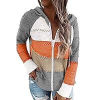 Womens Long Sleeve Knit Sweater Zip Up Hoodie Jacket Lightweight Drawstring Color Block Sweatshirt