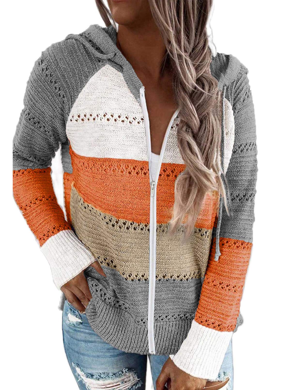 SHEWIN Womens Long Sleeve Knit Sweater Zip Up Hoodie Jacket Lightweight Drawstring Color Block Sweatshirt