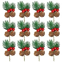 Artificial Pine Needle Red Berry Stem with Natural Pine Cone, 12pcs Christmas Pine Branches Twigs and Holly Berries for Xmas Tree Festival Decorations