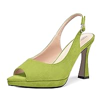 Womens Party Suede Slingback Fashion Solid Platform Buckle Peep Toe Spool High Heel Pumps Shoes 4 Inch