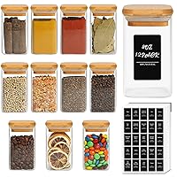 12Pcs Glass Spice Jars with Bamboo Lid, 8oz Airtight Square Containers with 275 Black Lables, Empty Seasoning Jars for Spice Salt Sugar