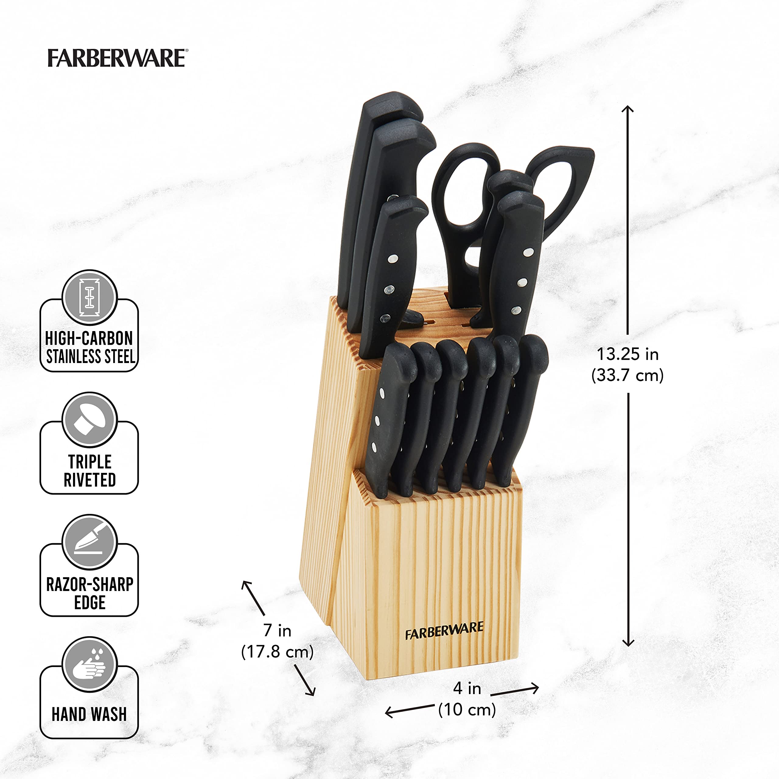 Farberware 22-Piece Never Needs Sharpening Triple Rivet High-Carbon Stainless Steel Knife Block and Kitchen Tool Set, Black