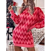 TLULY Sweater Dress for Women Chevron Pattern Drop Shoulder Sweater Dress Without Belt Sweater Dress for Women (Color : Red, Size : Medium)