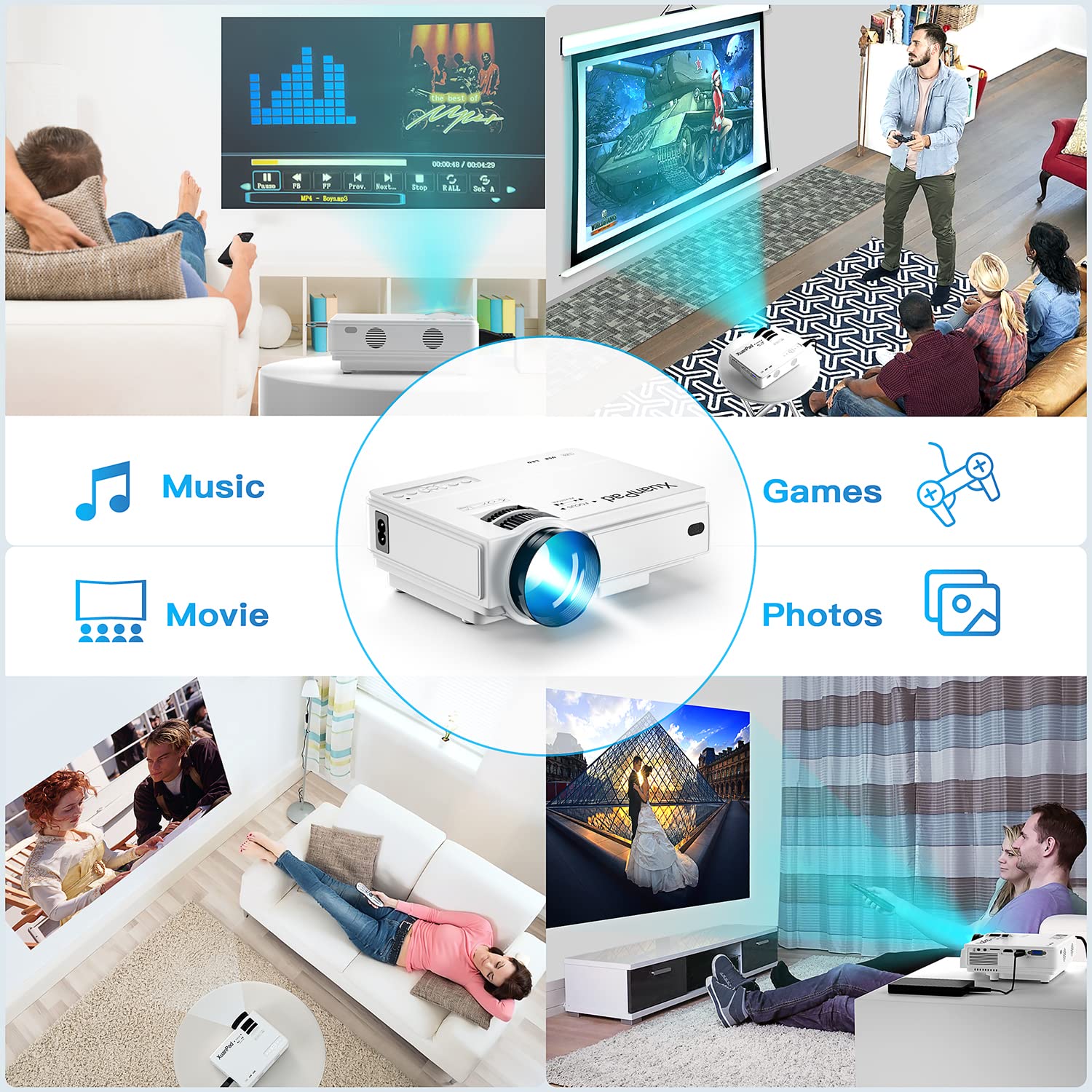 Projector, XuanPad 2023 Upgraded Mini Projector, Video Projector HD 1080P Supported, Portable Home Projector Compatible with TV Stick, HDMI, USB, Laptop, iPhone, Android for Home Entertainment