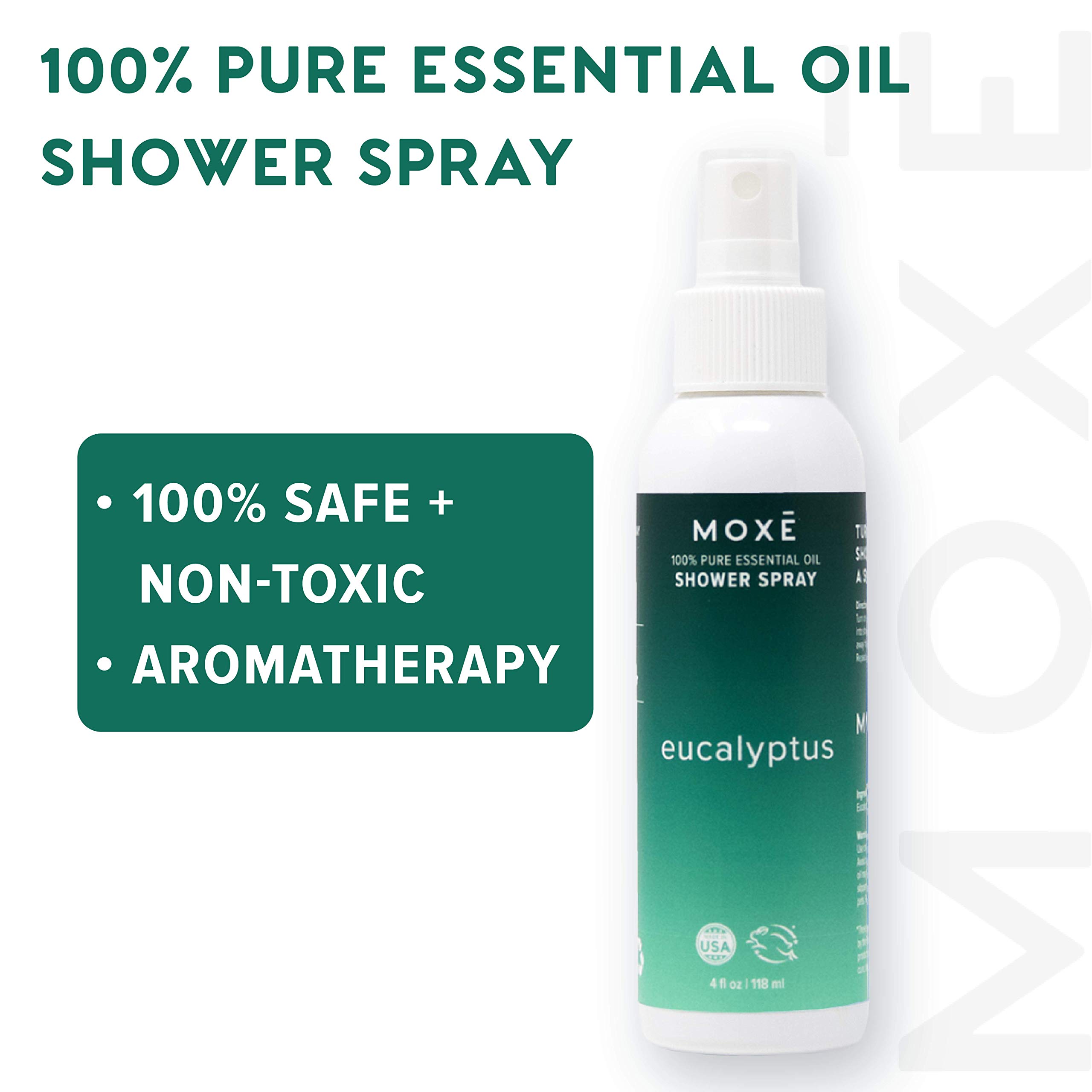 MOXE Eucalyptus Oil Shower Mist, Spa Steam Spray, Certified Natural 100% Essential Oils, Made in USA, Aromatherapy, Sinus Congestion Relief, Tension Relief, 4 Ounces