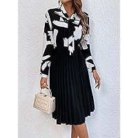 Women's Dress Graphic Print Pleated Hem Tie Neck Dress (Color : Black and White, Size : Small)