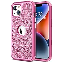 Hython for iPhone 14 Plus Case, Heavy Duty Full-Body Defender Protective Phone Cases Glitter Bling Sparkle Hard Shell Hybrid Shockproof/Drop proof 3-Layer Military Rubber Bumper Cover Women (Rose Red)