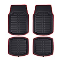 FH Group Automotive Floor Mats - PU Leather Floor Mats, Deep Dish Design, Floor Mats for Cars, Universal Fit Floor Mats Full Set, Floor Mats For Most Sedan, SUV, Truck Floor Mats Red Black