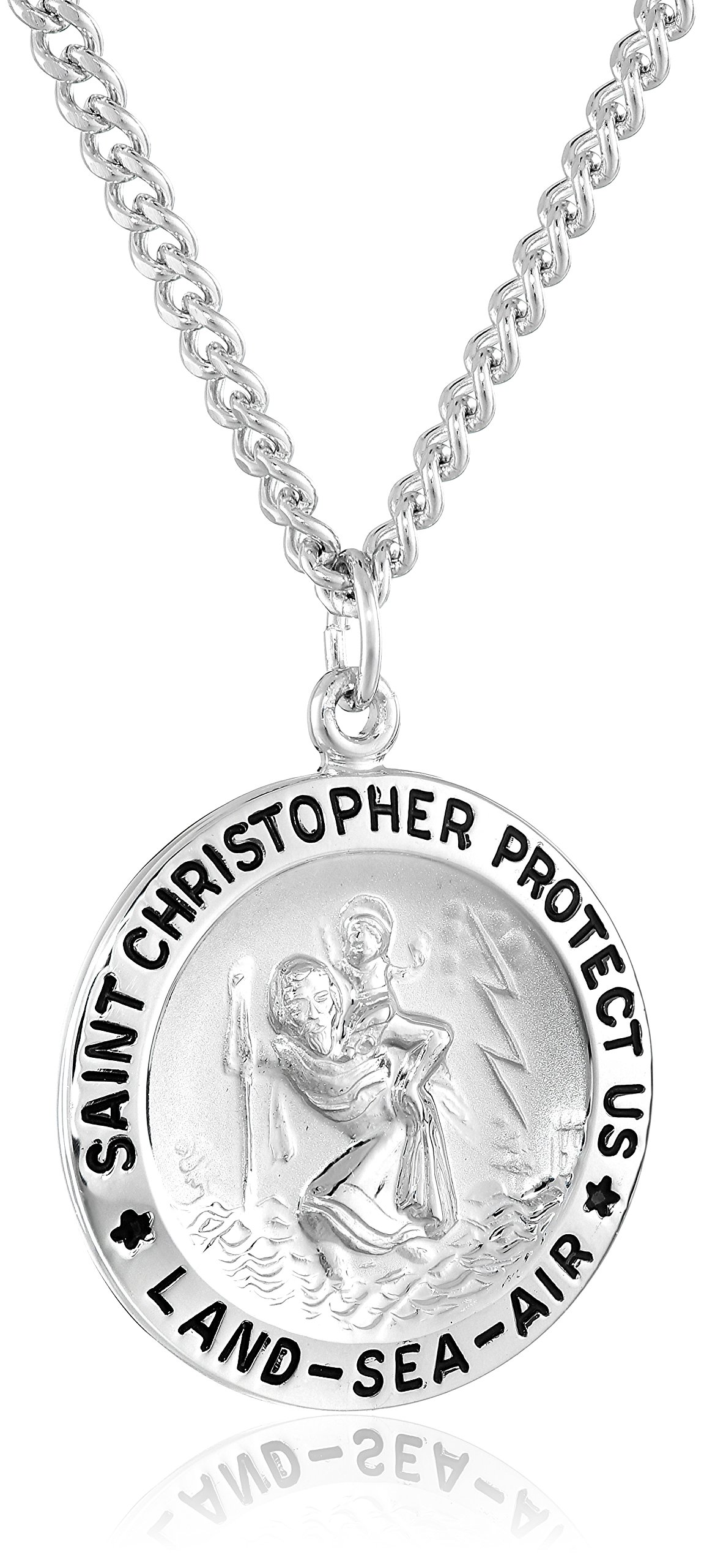 Amazon Collection Men's Sterling Silver Round Saint Christopher Medal Pendant with 