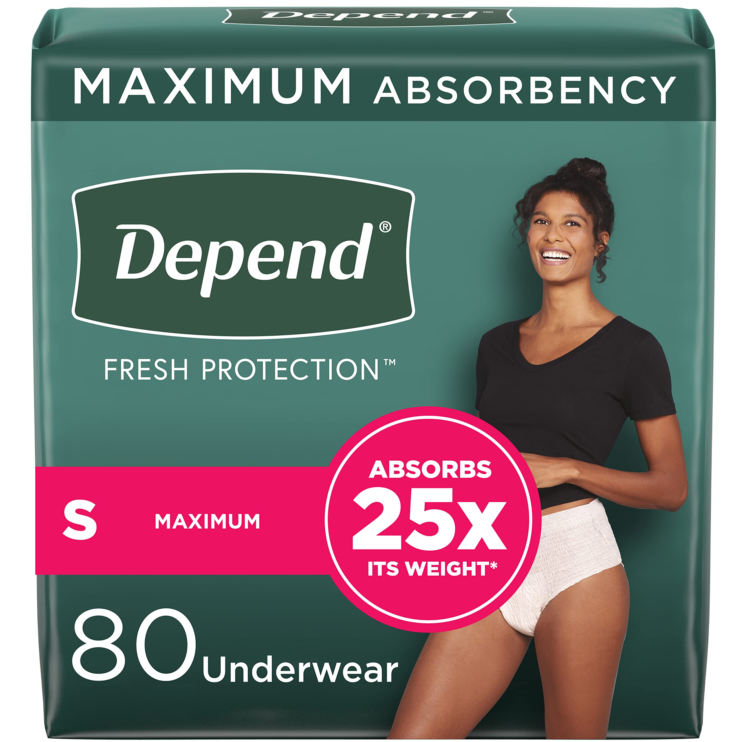 Depend Fresh Protection Adult Incontinence Underwear for Women (Formerly Depend Fit-Flex), Disposable, Maximum, Small, Blush, 80 Count, Packaging May Vary
