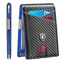 GSOIAX Slim Leather RFID Bifold Wallet for Men with Money Clip and 12 Credit Card Holders - Minimalist Front Pocket Wallet with ID Window, Cool Groove Design (Carbon blue)