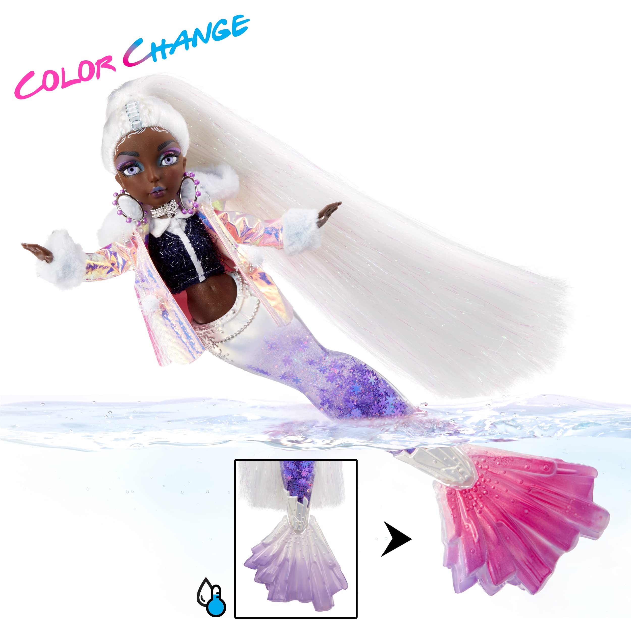 MERMAZE MERMAIDZ™ Winter Waves Crystabella™ Mermaid Fashion Doll with Color Change Fin, Glitter-Filled Tail and Accessories