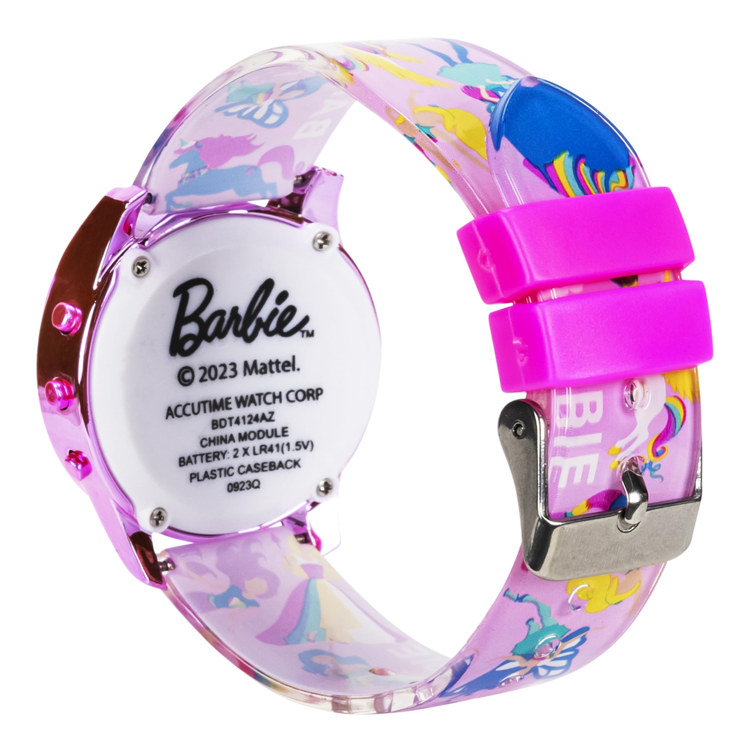 Accutime Barbie The Movie Digital LCD Quartz Kids Pink Watch for Girls with Pink Unicorn and Fairytale Barbie Band Strap (Model: BDT4124AZ)