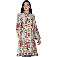 Frost-Gray Long Kashmiri Jacket with Hand-Embroidered Multicolor Flowers