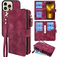 Lacass Compatible with iPhone 13 Pro 6.1 inch 2021 Case [Card Slots] ID Credit Cash Holder Zipper Pocket Detachable Magnet Leather Wallet Cover Wrist Strap Lanyard (Floral Wine Red)
