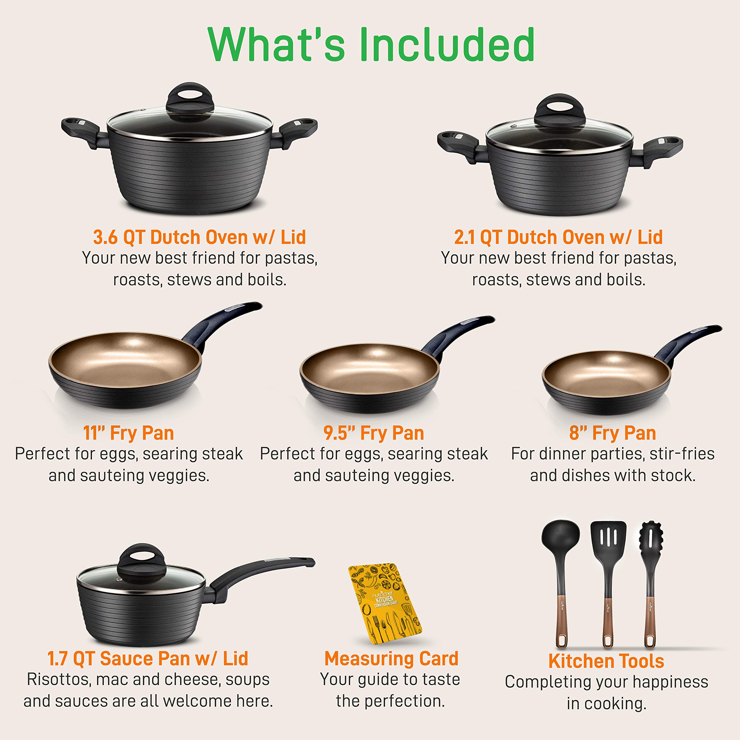 NutriChef 12-Piece Nonstick Kitchen Cookware Set - Professional Hard Anodized Home Kitchen Ware Pots and Pan Set, Includes Saucepan, Frying Pans, Cooking Pots, Dutch Oven Pot, Lids, Utensil -