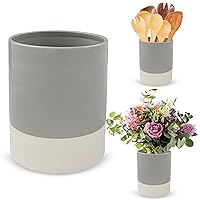 7Penn Kitchen Utensil Holder for Countertop - Jumbo Gray and White Primitive Cooking Utensils Crock for Counter Decor - Glossy and Matte Ceramic Kitchen Tools Organizer Jar for Spatulas