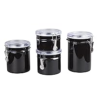 Creative Home Set of 4 Pieces Stainless Steel Kitchen Storage Jar Container Canister with Clear Airtight Lid and Locking Clamp for Food, Cookie, Flour, Sugar, Tea, Coffee Storage, Metallic Black