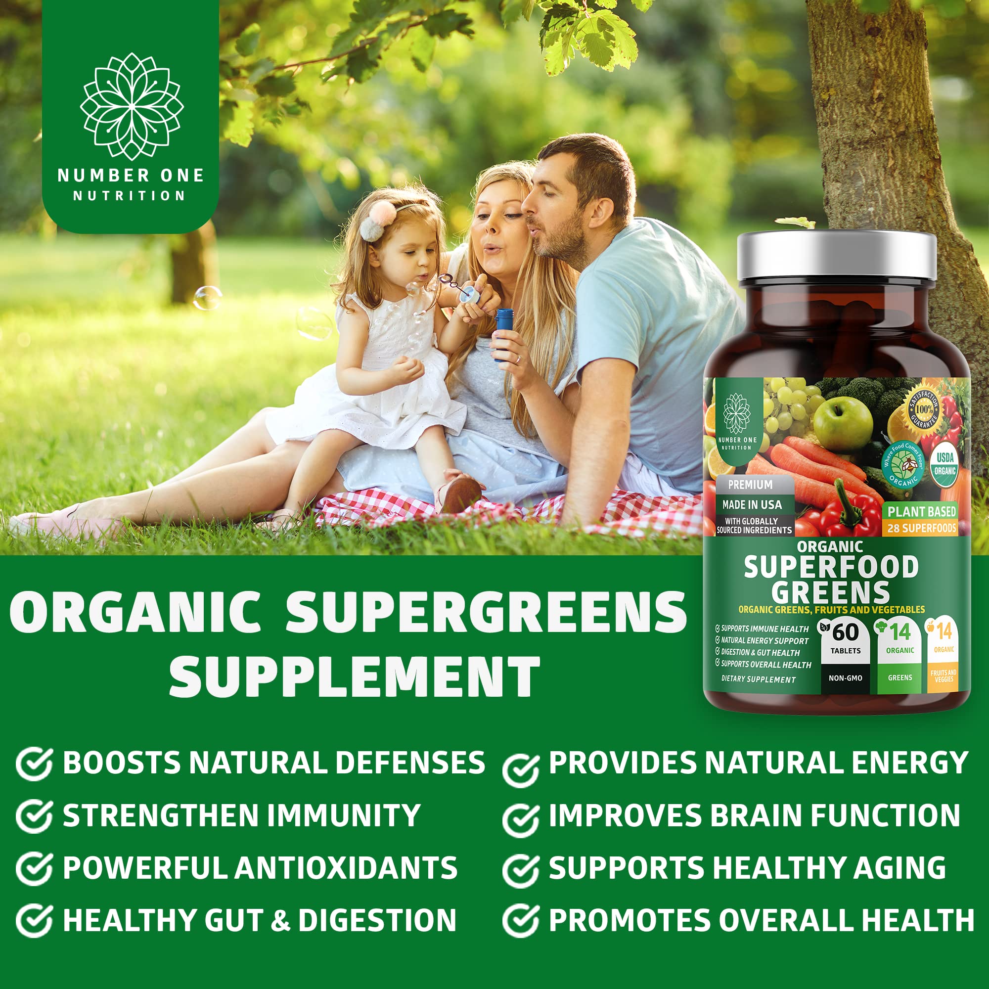 2-Pack N1N Premium Organic Green Superfood, Fruits & Veggies [28 Powerful Ingredients] Natural Supplement with Alfalfa, Beet Root & Tart Cherry for Energy, Immunity, Digestion, Made in USA, 120 Ct