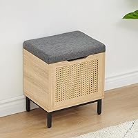 Natural Rattan 16in Storage Chest, Storage Bench Organizer for Entryway, Rectangular Bench Storage Rack with Foam Pad Seating Cushion for Bedroom, Living Room, Dorm, Hallway (16 Inches)