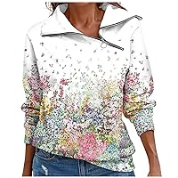 Women Sexy Ethnic Floral Sweatshirts Long Sleeve Quarter Zip Pullover Oversized Lapel Hoodies Casual Cute Tops