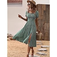 Dresses for Women - Ditsy Floral Print Puff Sleeve Split Thigh Dress (Color : Green, Size : X-Large)