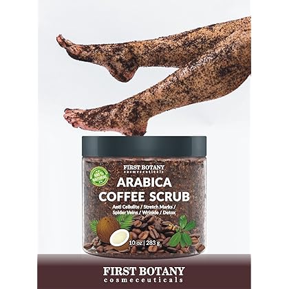 100% Natural Arabica Coffee Scrub with Organic Coffee, Coconut and Shea Butter - Best Acne, Anti Cellulite and Stretch Mark treatment, Spider Vein Therapy for Varicose Veins & Eczema (10 oz)