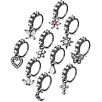 Tornito 10Pcs Dangle Nose Rings Hoop Butterfly Heart Moon Flower Cross Star CZ Cartilage Earring Dangling Nose Body Piercing Jewelry 20G Silver Rose Gold Black Tone