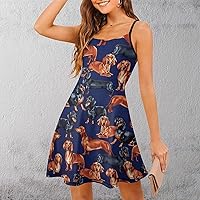 Dachshund Dog Print Blue Women's Sling Beach Sundress Casual Swing Dress Tank Dress Sleeveless T Shirt Dresses