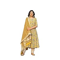 Women's Printed Cotton Casual Wear Lightweight and Comfortable Kurta with Chanderi Dupatta Set (V_797)