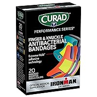Curad Performance Series Ironman Fingertip and Knuckle Antibacterial Bandages, Extreme Hold Adhesive Technology, Fabric Bandages, 20 Count (Pack of 1)