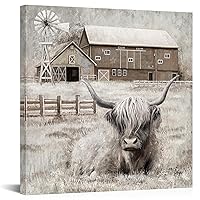 Visual Art Decor Cow Decor Highland Cow Picture Wall Decor Rustic Farmhouse Barn and Windmill Landscape Painting Framed 24x24 inch