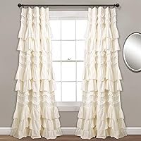 Lush Decor Kemmy Curtain | Ruffled, Textured Shabby Chic Style Window Panel for Living, Dining Room, Bedroom (Single), 84” x 52”, Ivory