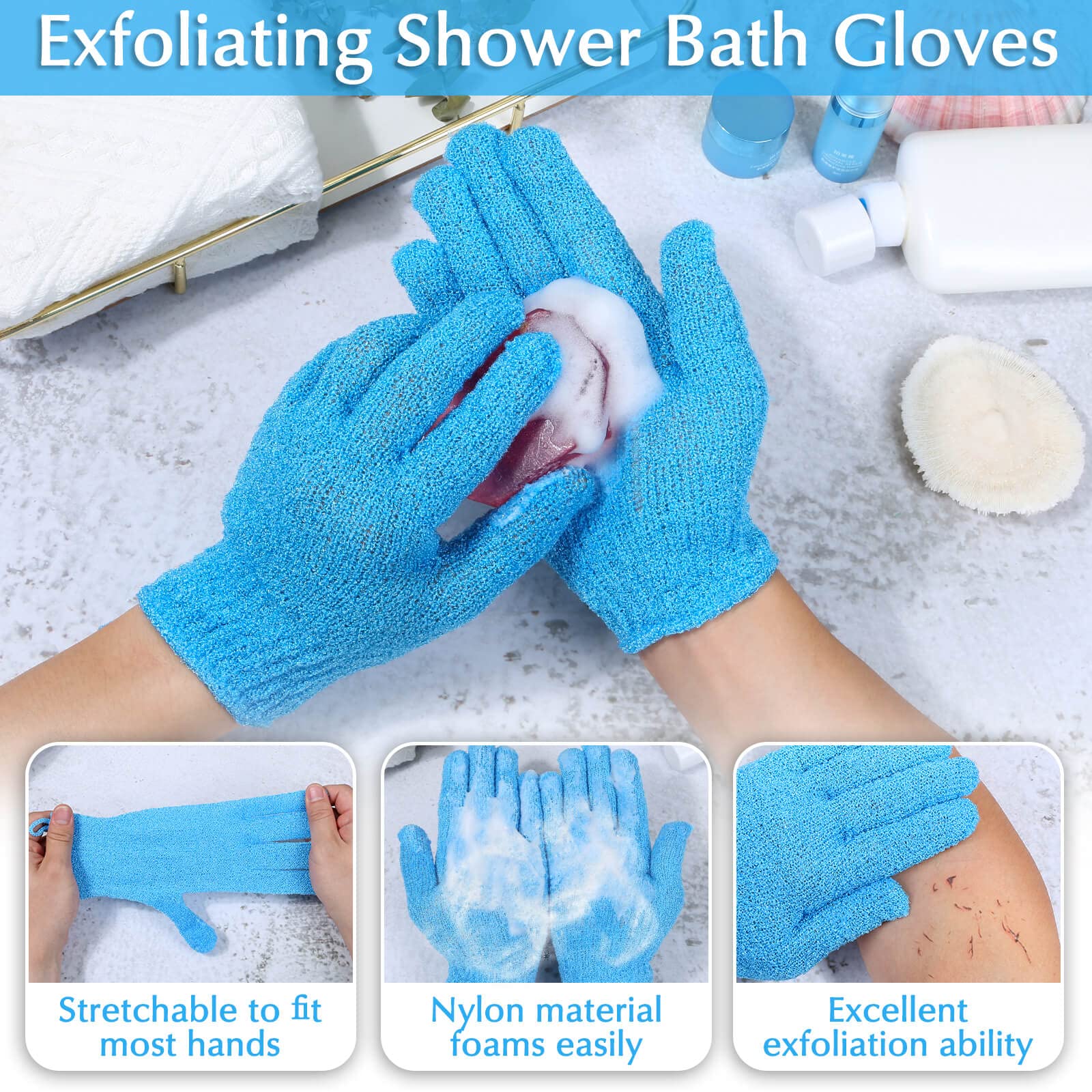 Anezus Exfoliating Back Scrubber Bath Gloves Set, Exfoliating Shower Towel with Shower Gloves for Body Scrub, Back Cleaner Wash Gloves to Remove Dead Skin (Blue)