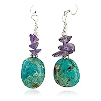 $80Tag Silver Hooks Certified Navajo Turquoise Amethyst Dangle Earrings 18294-21 Made By Loma Siiva